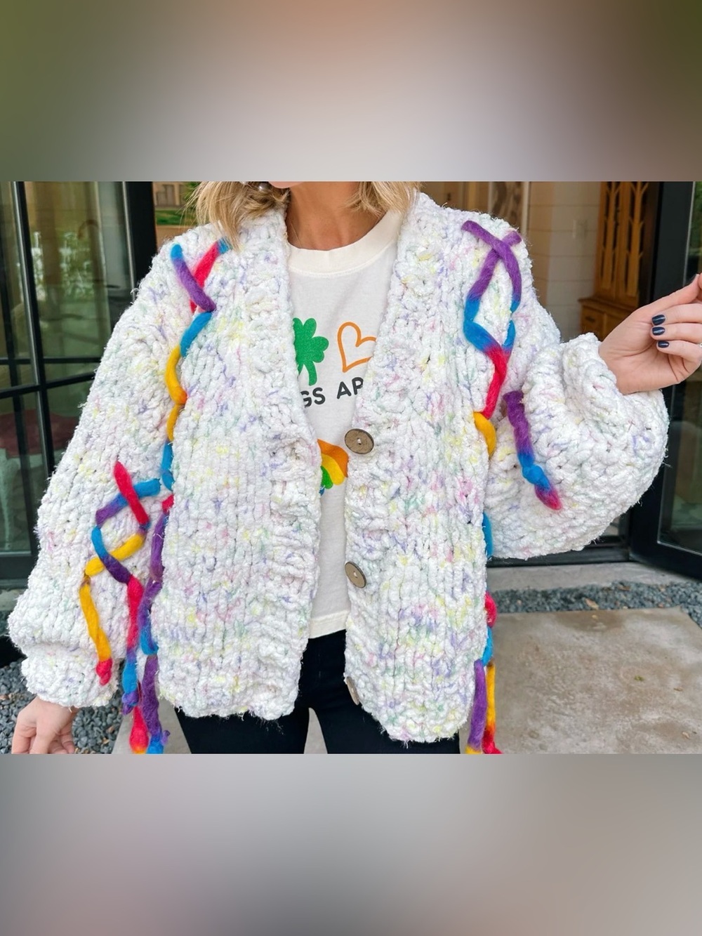 POL Chunky White Pop-Color Fringe Cardigan